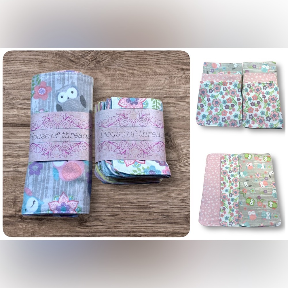 Handcrafted Baby Girl Bundle 3 Burp Cloths 6 Washcloths 100% cotton flannel